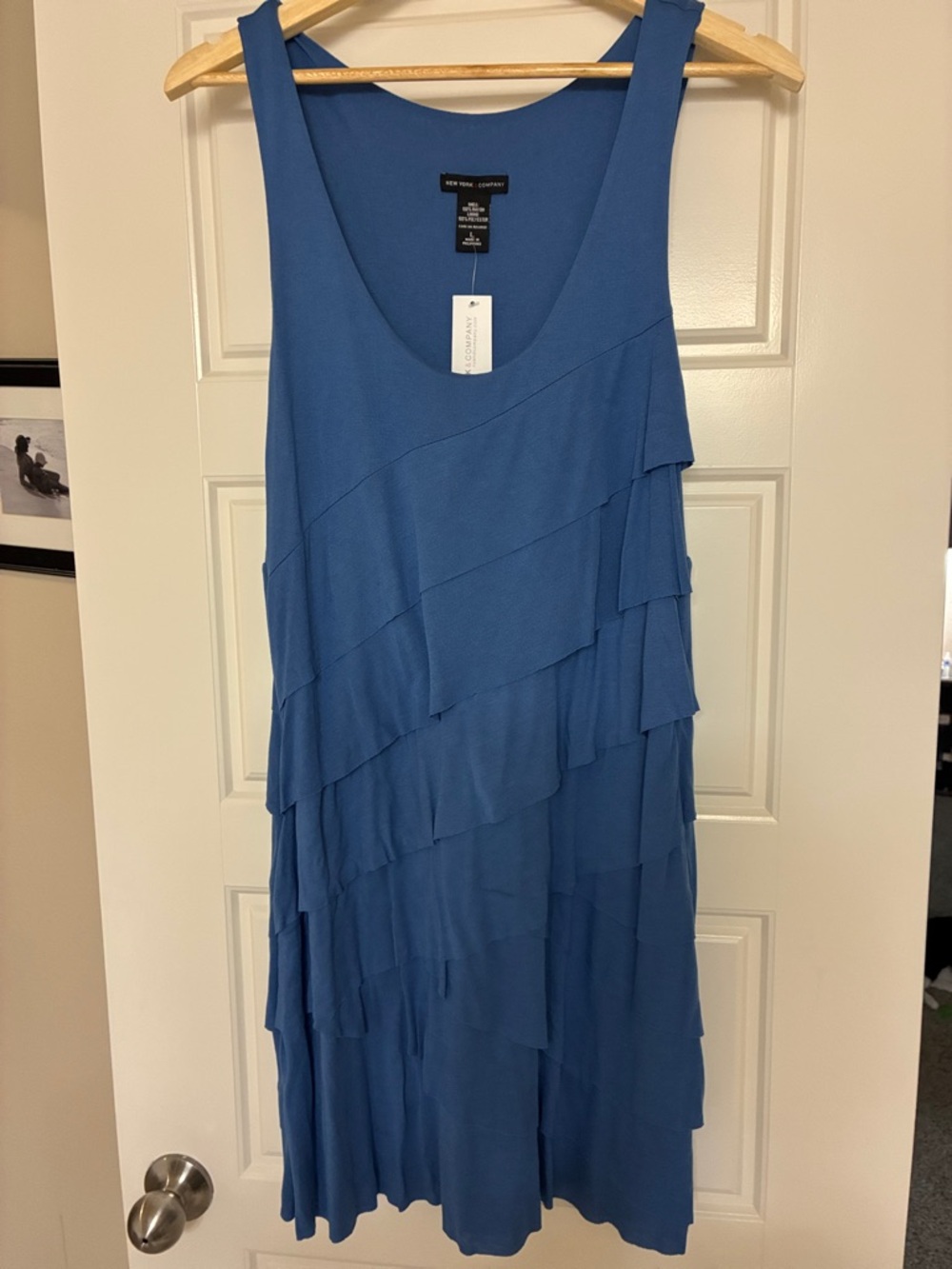 NEW YORK & COMPANY Dress Bandage Ruffle Tiered Scoop Neck Sleeveless Blue Large